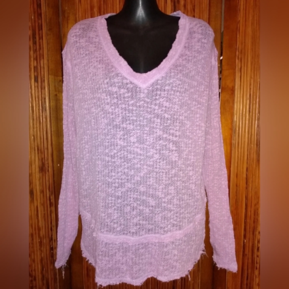 We The Free Free People Sheer Pink Frayed Hem Oversized Vneck Sweater XS